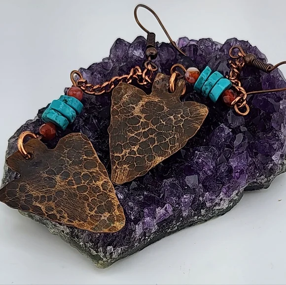 TURQUOISE & CARNELIAN HANDMADE EARRINGS BOHEMIAN CHIC STYLE 2.5" - Picture 5 of 6